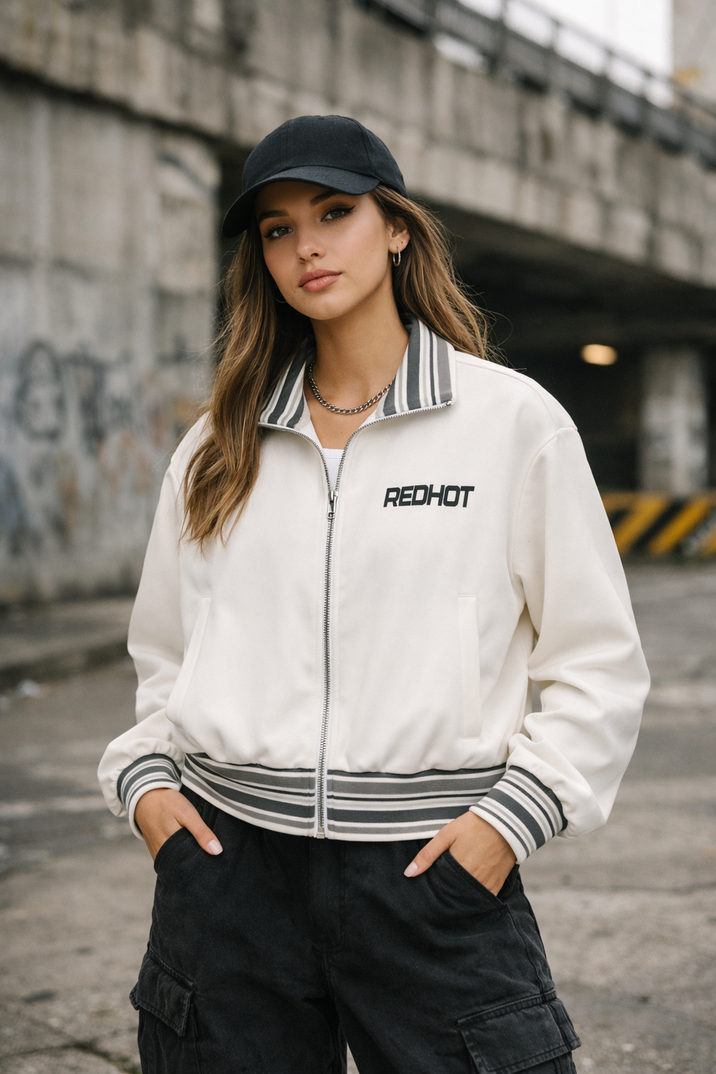 RED HOT Striped Rib Collar Zip Jacket
