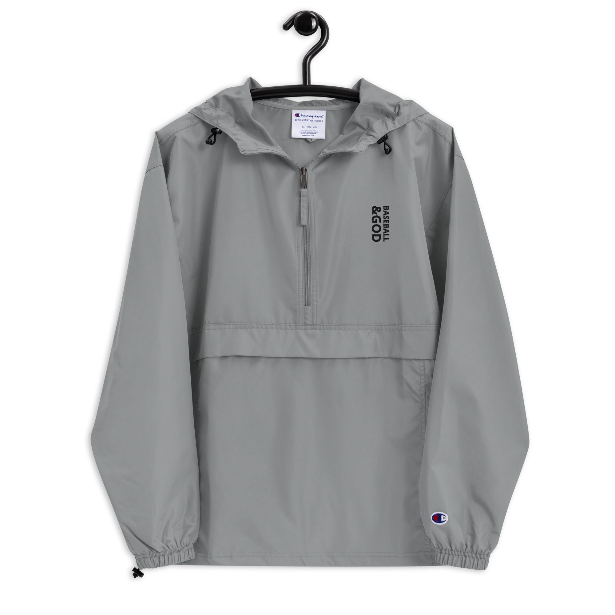 Baseball &God Vertical Onyx Embroidered Champion Packable Jacket