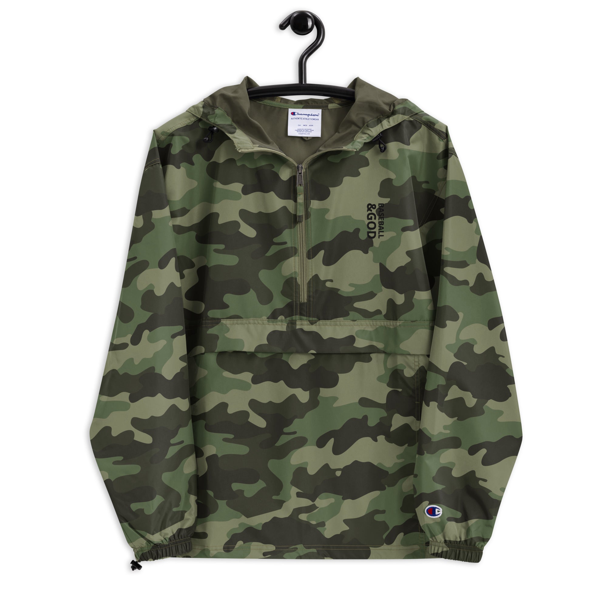 Baseball &God Vertical Onyx Embroidered Champion Packable Jacket
